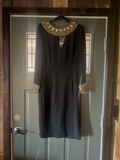 VTG 80s Bob Mackie Evening Black Dress Gold Sequin Beaded Illusion Gown Size 16 picture