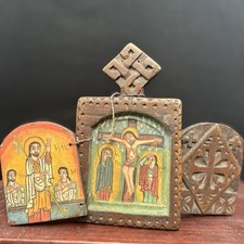 Vintage Ethiopian Orthodox Folding Wood Icon Crucifixion Mary Child St George picture