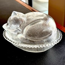 Vintage ~ Indiana Glass ~ Sleeping Cat on Nest ~ Candy Dish/Trinket Kitten Kitty picture