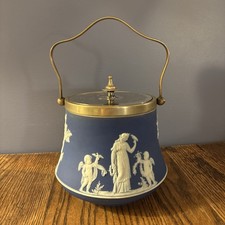Antique Wedgwood Dark Blue Jasperware Biscuit Barrel EPNS Silver Plate England picture