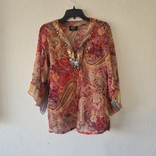 Zashi Women's Multicolor Paisley Long Sleeve Sheer Beaded Blouse Top Size Medium picture