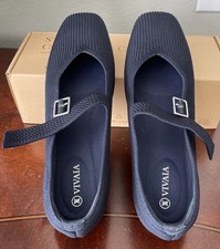 Vivaia Margot Mary Jane Navy Blue Flat Shoes Women Size 39.5 M Buckle Straps picture