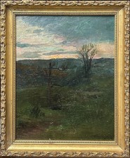 19th Cen. Small Barbizon School Original Oil Painting Morning Landscape, Framed picture