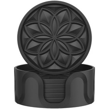 HFHOME Silicone Coasters Set with Holder - 6 Pack Drink Pure Black picture
