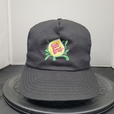 Vintage Sun Drop Hat Cap Snap Back Mens Black Soda Logo Embroidered Made USA picture