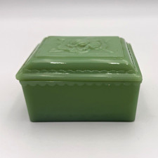 Vintage Jadeite Glass Trinket Cigarette Box Rose Lid Anchor Hocking Style picture