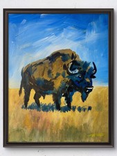 Original 14x11 Expressionist Bison Prairie Landscape Painting Signed Canvas picture