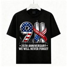 911 25th Anniversary Never Forget Memorial Patriotic Graphic T‑Shirt Gift picture