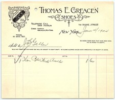 Vintage 1905 Thomas E. Greacen Shoes NYC Billhead picture