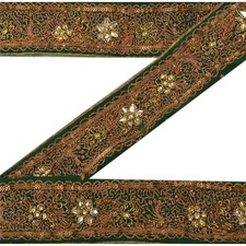 Sanskriti Vintage Sari Border Hand Beaded 1 Yd Trim Sewing Green Kundan Lace picture