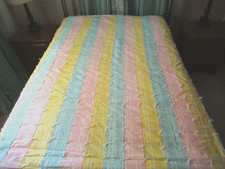 VTG 87X87 PASTEL PINK BLUE YELLOW STRIPE COTTON BLEND TIED QUILT COMFORTER Q/K picture