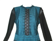 NWT Guess Women's Teal w/Black Lace Open Back Bodycon Dress Sheer Sleeve Size 0  picture