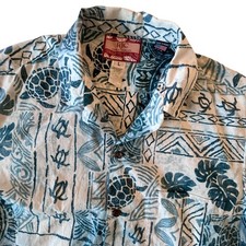 Vintage RJC Men Hawaiian Shirt Blue Large Tribal Turtle Print Made in Hawaii USA picture