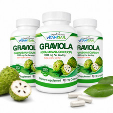 GRAVIOLA SOURSOP 2000 MG 3 BOTTLES PURE PER SERVING BOOSTER 270 CAPSULES ANNONA picture