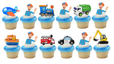 12x EDIBLE Blippi & Vehicles Party Cupcake Cake Toppers Wafer Card Sheet (uncut) picture