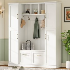 Farmhouse Elegant Hall Tree with 4 Side Cabinets, All-in-One Mudroom Furniture picture