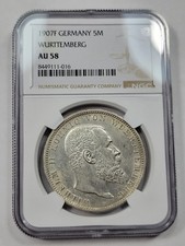 1907 Germany 5 Mark NGC AU58 WURTTEMBERG Silver Crown Coin Nice *V919 picture