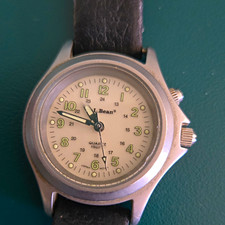 L.L. Bean Quartz Analog Watch White Dial 24-Hour Black Leather Strap 50m picture