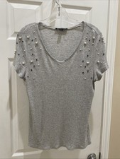 INC International Concepts Women Short sleeve Pretty Gray Bead Pullover Sz L picture
