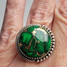 Green Dahlia Turquoise Ring W/925 Sterling Silver. Beaded Detail Size Adj  picture