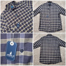 Johnnie-O Daylynn Button Down Mens Stretch Plaid Valley Blue Olive Large NEW picture
