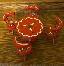 Vintage Hand Painted Red Wood Dollhouse Dining Set Table 4 Chairs Folk Art picture