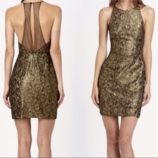 NWT BCBG max azria Tenya gold lace sheer back mini slit dress picture