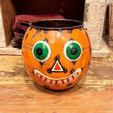 Vintage Primitive Pumpkin Pail Bucket RECYCLED METAL Halloween Jack-O-lantern picture