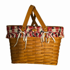 Vintage Longaberger Large Picnic Basket Brown W/wood Insert Plastic Protector picture