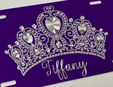 Personalized Crown Tiara Car Tag Diamond Etched Metal License Plate Queen Gift picture
