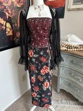 Vintage 90s Floral Skirt Size M Black Floral Slit Whimsigoth Dark Fairy Grunge picture