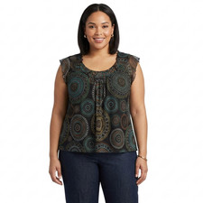 Y2K Brown Teal Beaded Mesh Top Plus Size 3XL Earth Fairy Grunge Boho Chic Blouse picture