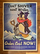Original 1944 WWII Poster Don't Shiver Next Winter w/ Penguin picture