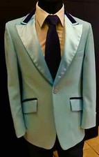 VINTAGE AFTER SIX LIGHT BABY BLUE MENS TUXEDO JACKET W/ NAVY VELVET TRIM RETRO picture