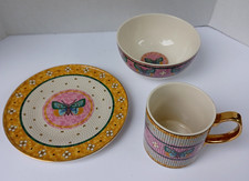 Anthropologie Bistro Mosaic Tile Garden Edition Cup Saucer Bowl Set 24K Gold picture