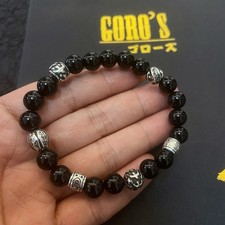 GORO'S Obsidian Beaded Bracelet Vintage Silver Accent Wristband picture
