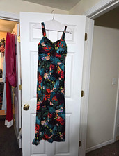 Miss Tina Tropical Floral Maxi Dress M Sweetheart Neck Strappy Sleeveless Jersey picture