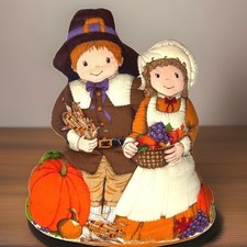 Vintage Thanksgiving Pilgrim Couple Fabric Plush Harvest Decor / Door Stop 15