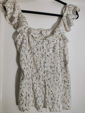 H&M Women's Small Ivory Black Floral Ruffle Flutter Sleeve Cottagecore Blouse picture