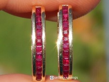 14K YELLOW GOLD 1.20 TCW RUBY 8/10th INCH LEVERBACK OVAL HOOP HUGGIE EARRINGS picture
