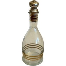 Vintage Glass Wine Decanter Gold Rings Design With Metal Stopper MCM Retro Decor picture