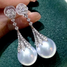 Gorgeous Giant AAAA 11-10mm Natural South Sea Round White Pearl Earrings 925 picture