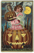 Atq Embossed Halloween Postcard Young Witch in JOL Jack-o-Lanterns Blk Cats Unp picture
