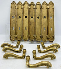 7 antique french door handles with plates Mid-1900's brass castle picture