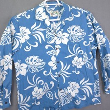 KY'S Hawaiian Shirt Floral Hibiscus Large Blue White Long Sleeve RARE Made USA picture