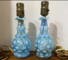 Pair Vintage Fenton Blue Opalescent Coin Dot Boudoir Lamps 9