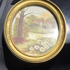 VINTAGE HOMCO HOME INTERIORS GOLD, OVAL FRAMED PICTURE COTTAGE STREAM picture