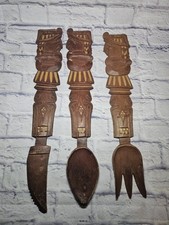 Vtg Wooden Fork, Spoon, Knife Tiki-Style Carved Wall Decor - 23