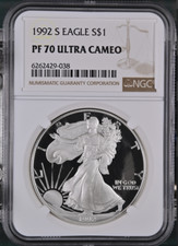 1992-S American Silver Eagle 1 Oz PF70 UCAM NGC Brown Label picture