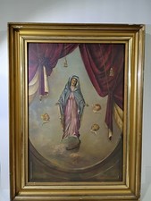 Antique Turn Of The Century Religious Oil Painting Assumption Virgin Mary Cherub picture